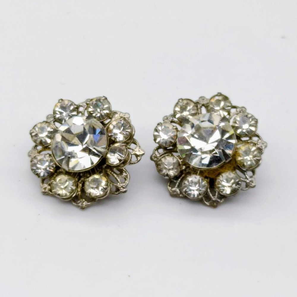 Vintage Clear Crystal Flower Earrings, Classic Silver Tone Clip On with Prong